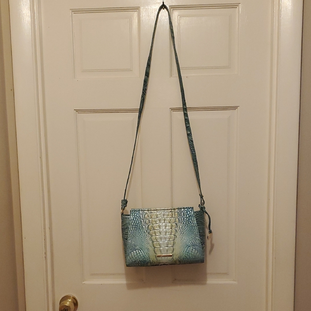 Brahmin Teal and Cream Croc-Embossed Crossbody Bag